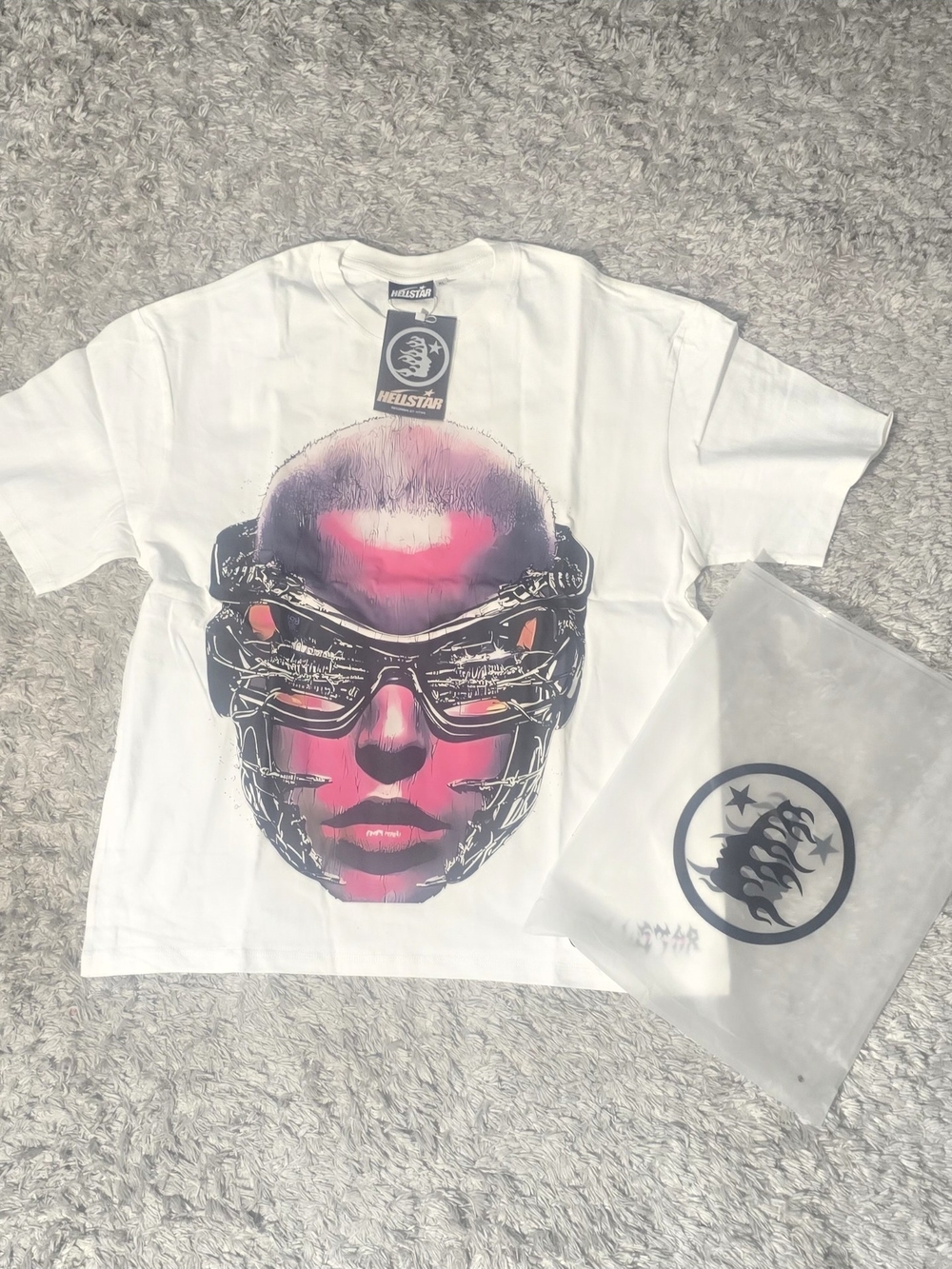 HeliStar White Short-Sleeve Tee with Pink Futuristic Face Graphic